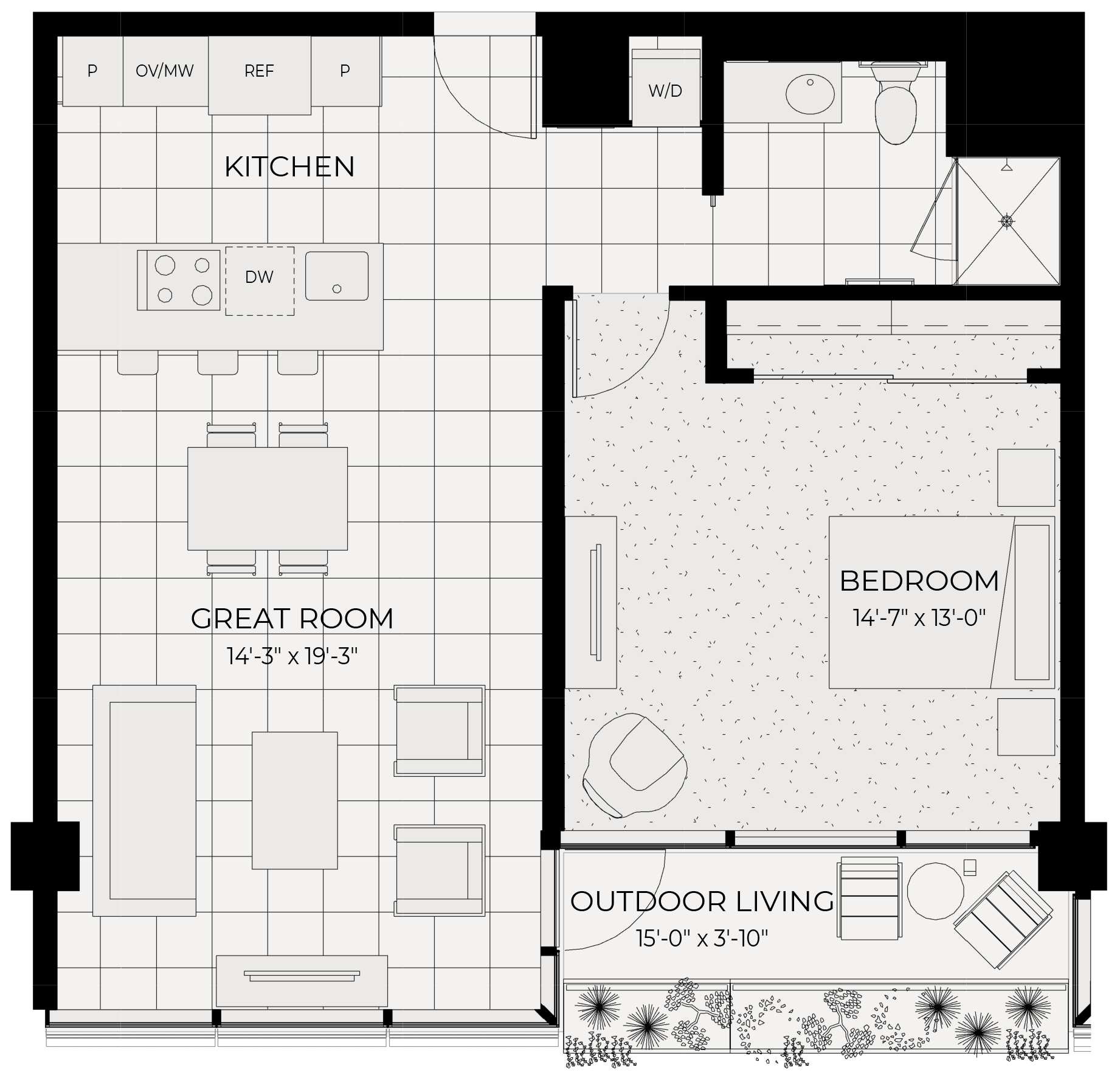 Floor plan for 1 bed, 1 bath, 892 sqft